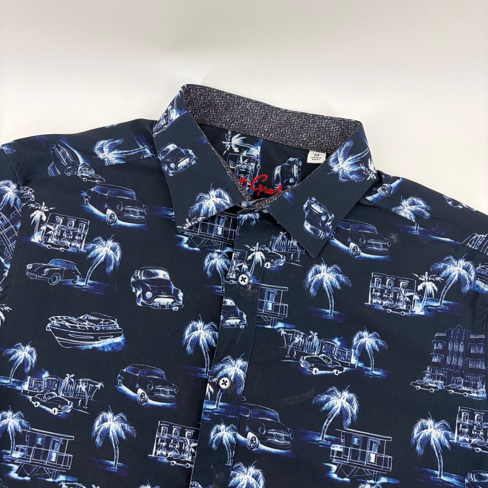 Robert Graham Mens Navy Blue Tropical Classic‎ Car Print Short Sleeve Shirt M